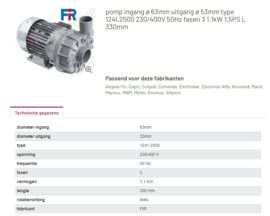 Waspomp ingang ø 63mm uitgang ø 53mm typeFIR  1241.2500 230/400V 50Hz fasen 3 1,1kW 1,5PS L 330mm