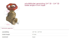 Kogelkraan schuifafsluiter aansluiting 3/4" ID - 3/4" ID totale lengte 47mm koper