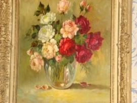 Oud schilderij  vaas met rozen.  VERKOCHT