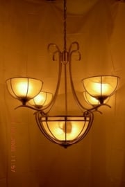 Retro hanglamp antiek messing met schaal en kappen nr:20317/4+2