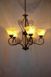 Bronskleurige hanglamp 3-lichts met gekleurde kapjes nr:20384/3