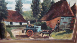 Schilderij boerderij met trekhondenkar.