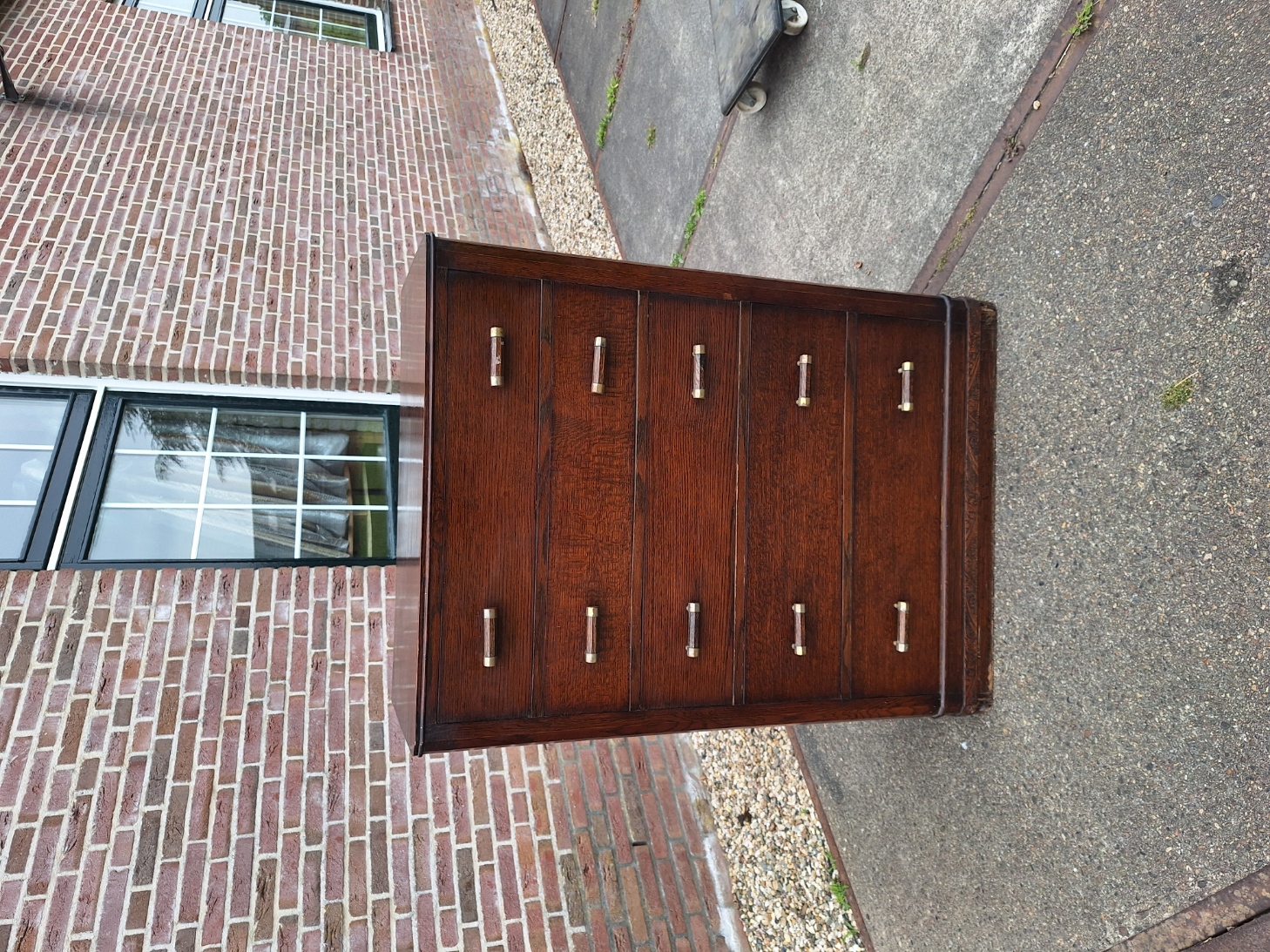 Engels eiken commode 5-laden hout/messing grepen 1930-1940 nr K202555