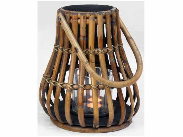 Handgevlochten lantaarn met hengsel grijs natural d-28 incl. glas nr 300604