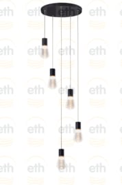 Hanglamp model Gary Rond 5-lichts zwart met ribbel binnenglazen h-15cm nr 05-HL4525-30S