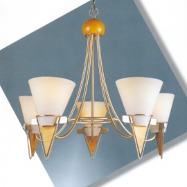 Mat nikkel hanglamp 5-lichts met glas en hout nr:20374/5