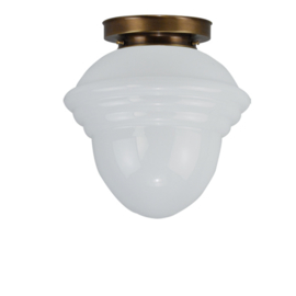 Plafonniere retro glazen bol Acorn opaal met oud messing ophanging nr 4P1-308.00