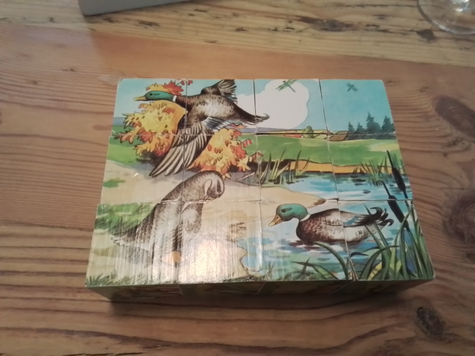 Oude houten blokpuzzel Landleven .Zes puzzles