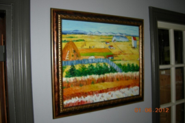 Schilderij met akker en hooi werkzaamheden