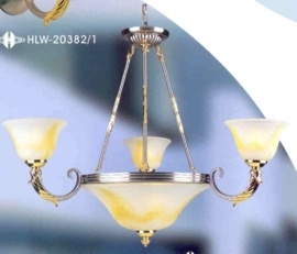 Antiek messing hanglamp 6-lichts met bewerkte kappen nr:20382/3+3