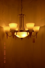 Mat nikkel hanglamp 9-lichts met glas en hout nr:20374/6+3