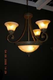 Antiek bruin gekleurde hanglamp met schaal en kappen nr:20331B/3+3