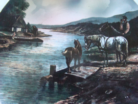 Oud wandbord Villeroy en Boch ,landschap met paarden.