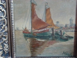 Oud schilderij  met  zeilschepen.  VERKOCHT