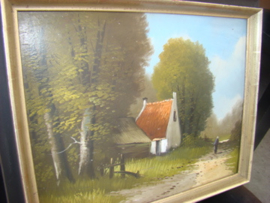 Oud schilderijtje landschap met oud huisje.