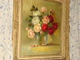 Oud schilderij  vaas met rozen.  VERKOCHT