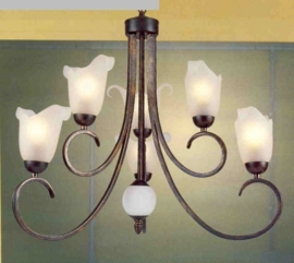 6-lichts bronskleurige hanglamp met geschulpte glazen nr:20367/6