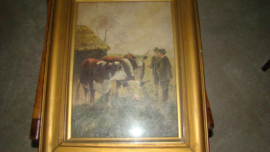 Oud en antiek schilderij met koeien veehandelaar en boer. M.Evatt