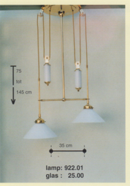 Katrollamp smal 2-lichts 2-glas staafgewichten messing gepolijst dakkap opaal 25cm nr 922.01