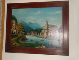 Oud schilderij met landschap.