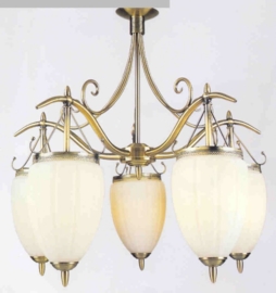 Retro hanglamp antiek messing met 5 druppelvormige glazen nr:20363/5