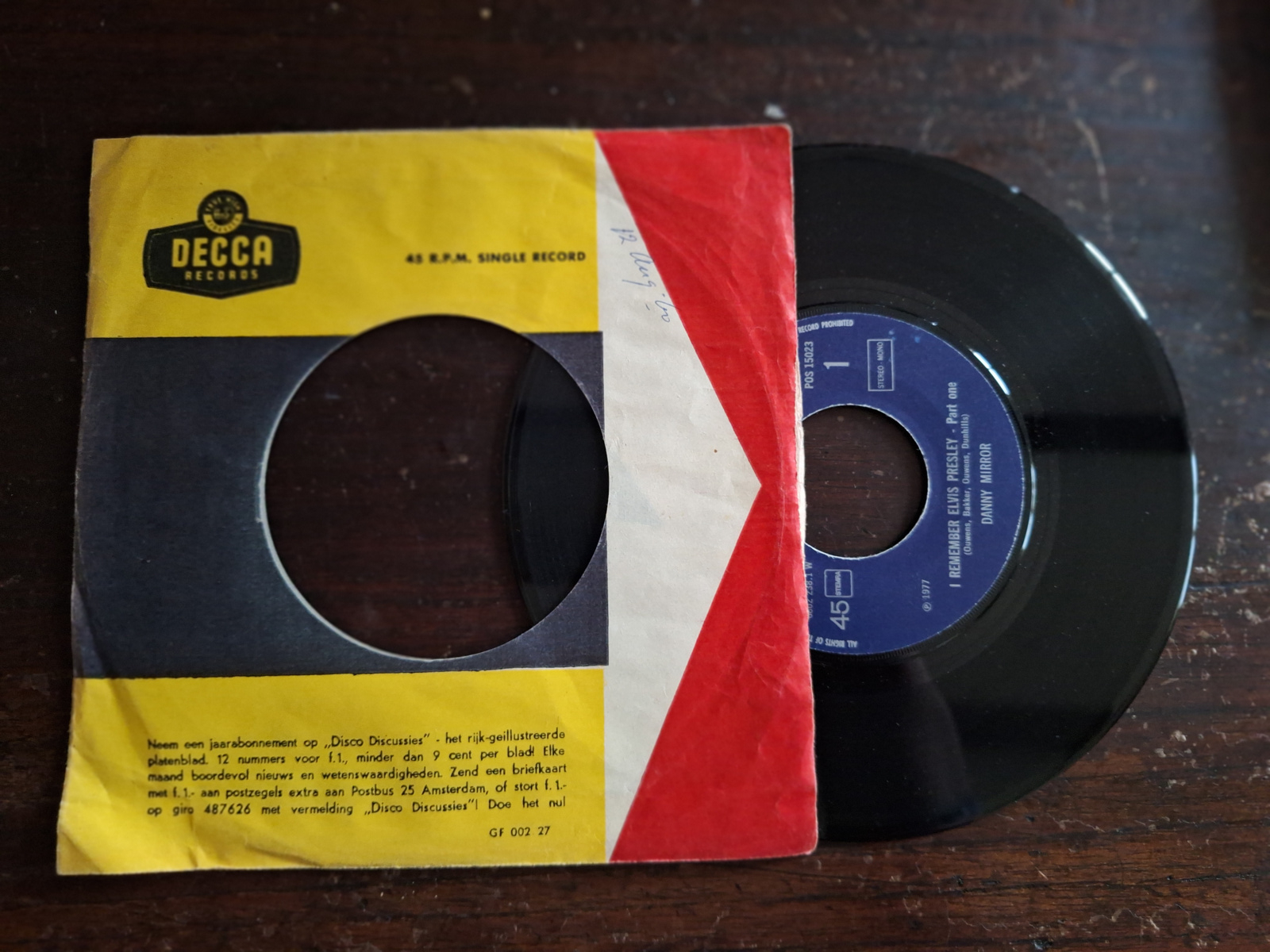 Danny Mirror met I remember Elvis Presley 1977 Single nr S20233992