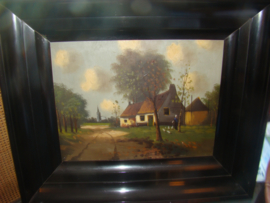 Oud en antiek schilderij landschap in oude zwarte lijst.   VERKOCHT