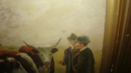 Oud en antiek schilderij met koeien veehandelaar en boer. M.Evatt