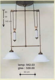 Katrollamp breed 2-lichts 2-glas staafgewichten donker brons hoedkap opaal 30cm nr 942.03