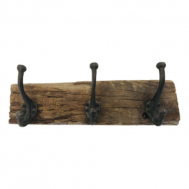 oud spoorweghouten hanger met 3 haken in naturel uitgevoerd nr 5484