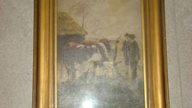 Oud en antiek schilderij met koeien veehandelaar en boer. M.Evatt