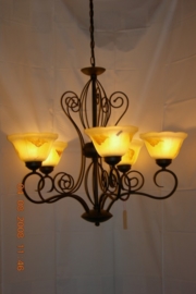 Bronskleurige hanglamp 5-lichts met gekleurde glazen nr:20384/5