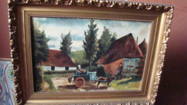 Schilderij boerderij met trekhondenkar.