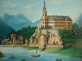 Oud schilderij met landschap.