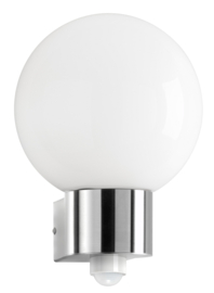 Edelstaal buitenlamp wand staalkleur opaal bol bewegingssensor IP44 H-30cm E27 nr: 93/BM