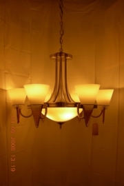 Mat nikkel hanglamp 9-lichts met glas en hout nr:20374/6+3