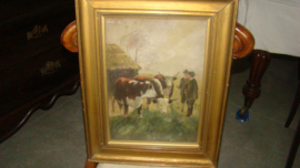 Oud en antiek schilderij met koeien veehandelaar en boer. M.Evatt