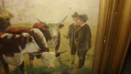 Oud en antiek schilderij met koeien veehandelaar en boer. M.Evatt