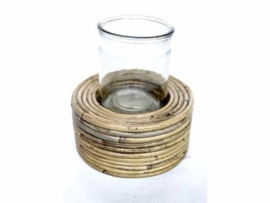 Windlicht handgevlochten rond met glas en hengsel natural d-22cm nr 302264