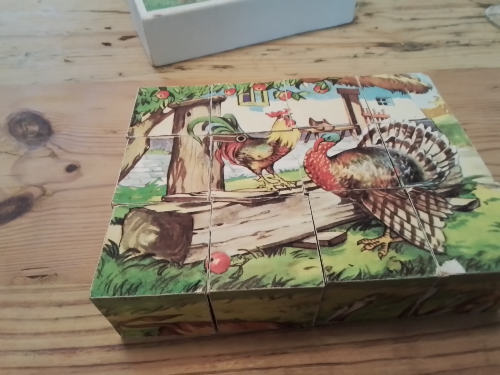 Oude houten blokpuzzel Landleven .Zes puzzles