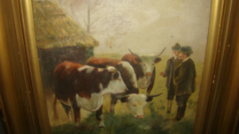 Oud en antiek schilderij met koeien veehandelaar en boer. M.Evatt