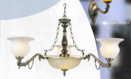 Antiek messing hanglamp 5-lichts met schaal en kappen nr:20350/3+2