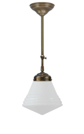 Schuifstang standaard H 87-137 oud messing met glazen bol Philips opaal 25cm 4Sk2-325.00