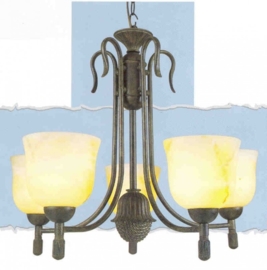 Bronskleurige hanglamp met bol en 5 glazen kappen nr:20379/5