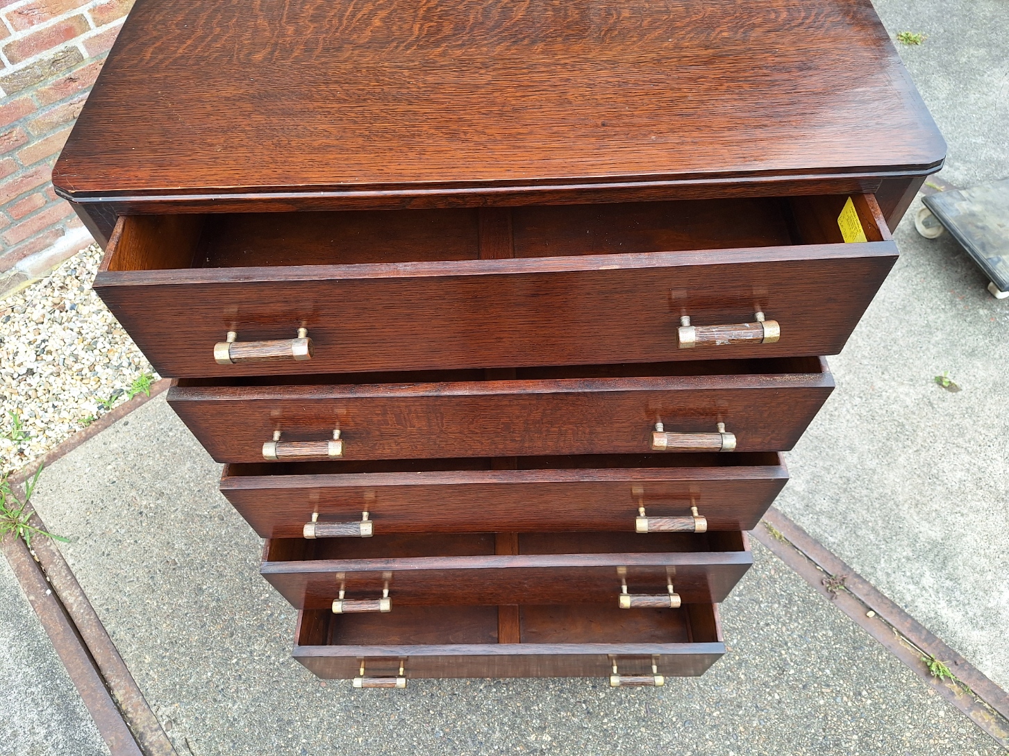 Engels eiken commode 5-laden hout/messing grepen 1930-1940 nr K202555