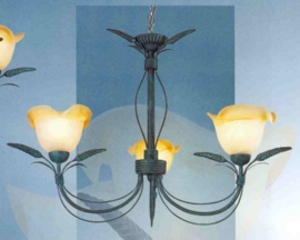 Bronskleurige hanglamp 3-lichts met gekleurde kapjes nr:20312/3