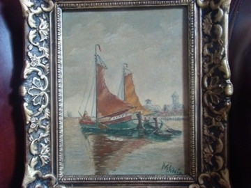 Oud schilderij  met  zeilschepen.  VERKOCHT