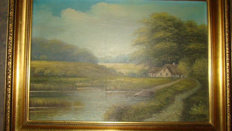 Schilderij Deens landschap met boerderij.