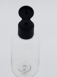 100 ml transparante pet fles + mat zwarte klepdop