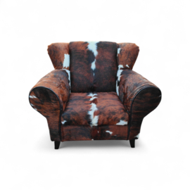 Bommel fauteuil smalle versie  in tricolor koeienhuid